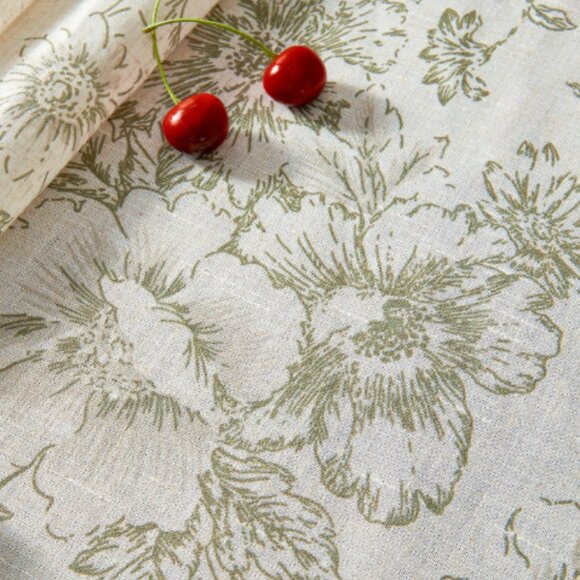 Linen Table Cloth Olive Green Floral Toile on Beige 53 x 69 Rectangle Tablecloth - Picture 9 of 9